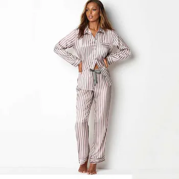 

Satin Pijamas Long Sleeves Striped Silk Pajamas for Women Pjs Sleepwear Set Fashion Loungewear Homewear Home Clothes