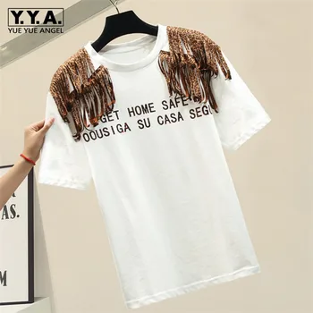 

Summer New Women Letters Printed Cotton T-shirt Casual Short Sleeve Leopard Tassels Ladies Tees Tops Streetwear T-shirts O Neck