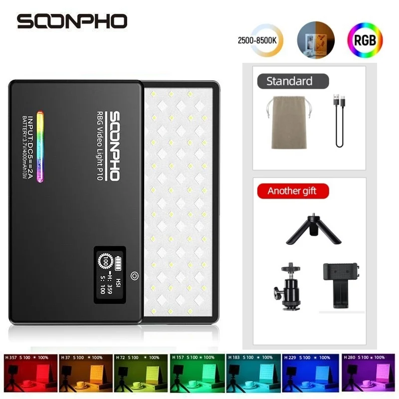 SOONPHO P10 2500K-8500K RGB LED Video Light CRI 97 Fill Light Built-in Battery Photographic Lighting for Shooting Studio+ tripod