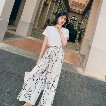 

2020 Women Casual Loose Wide Leg Pant Womens Elegant Fashion Korean Style Print Chiffon Trousers Females New Palazzo Pants