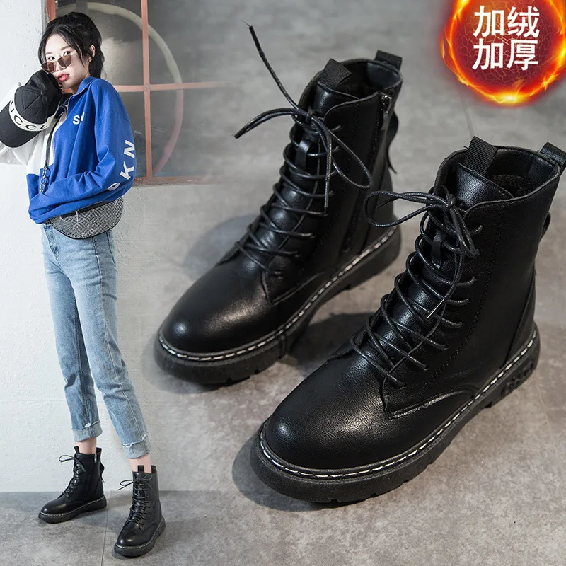 

Plus Velvet Martin Boots Women's British-Style 2019 New Style Versatile Handsome Autumn And Winter Black And White with Pattern