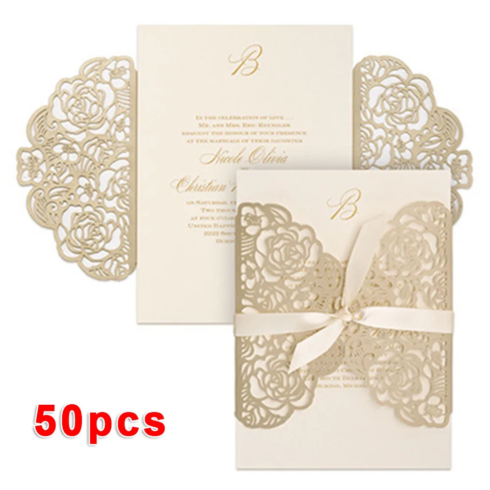  50pcs Folded Paper Hollow Exquisite Wedding Invitation & Greeting Card w/ Ribbon Holiday Greeting C - 4.00034E+12