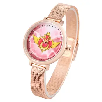 

Practical Pink Leather Chain Quartz Watch for Girls, Fashionable Sailor Moon Reddish Yellow Heart Wings Pattern Dial Watches for
