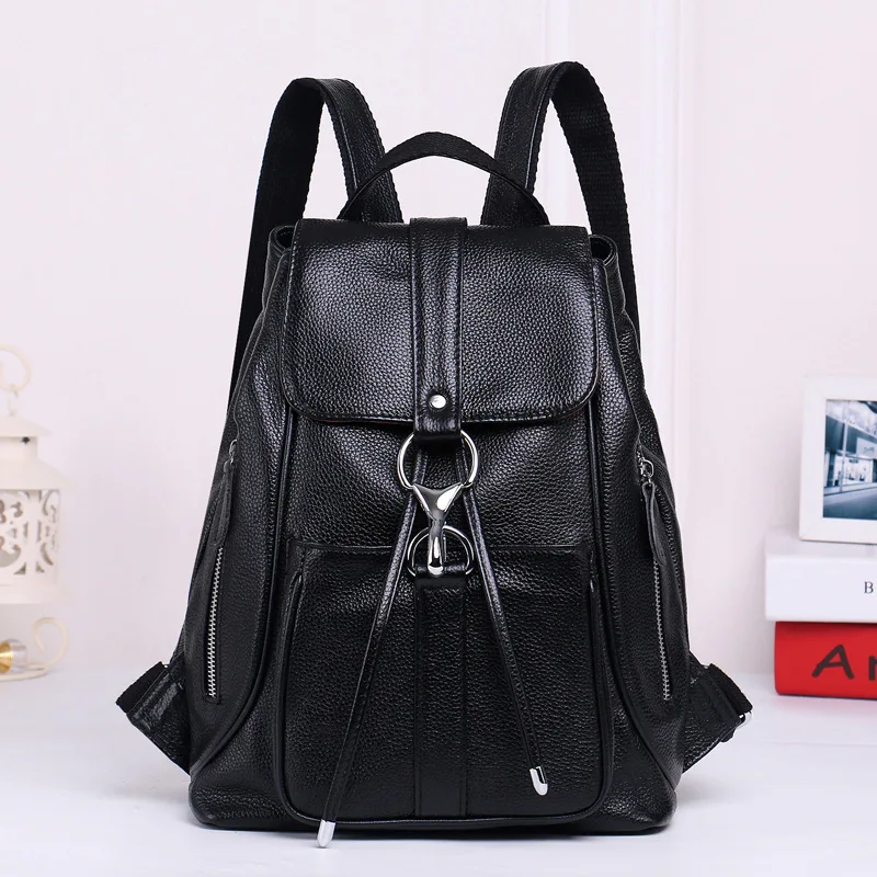 

2019 New Style Leather Backpack Europe And America Fashion Simple Full-grain Leather Multi-Compartment Backpack Drawstring Buckl