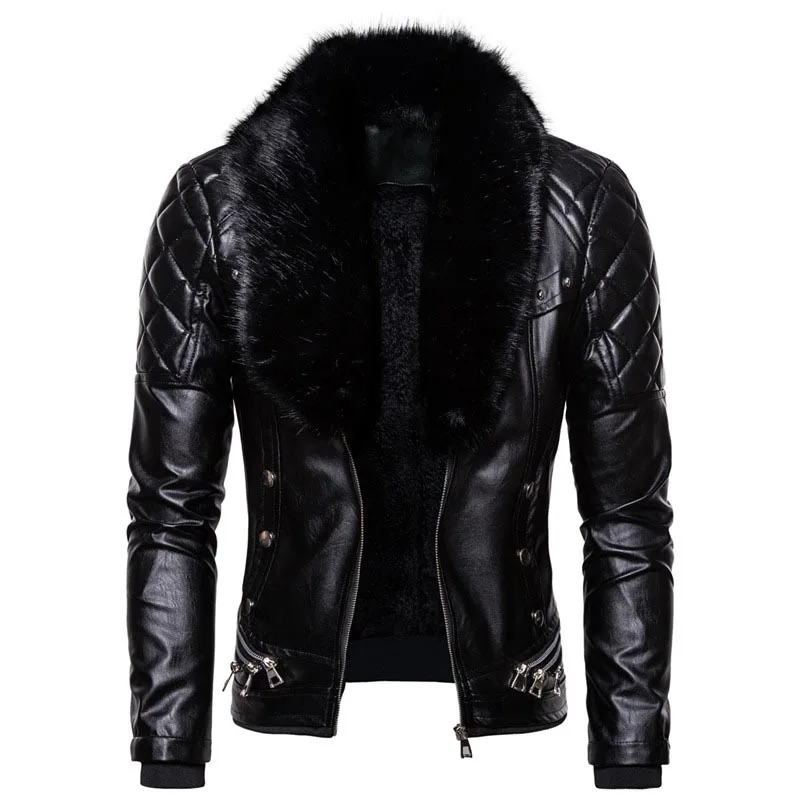 KIOVNO Men Punk Zipper Leather Jackets Coats With Rivet Motorcycle Warm Leather Jackets Outwear For Male Detachable Fur Collar (10)