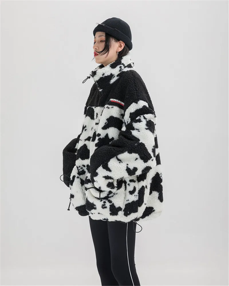 Winter Thick Oversize Cow Contrast Color Parka Coat Polka Dot Vintage Fleece Zipper Pocket Jacket Men Hip Hop Swag Black/White