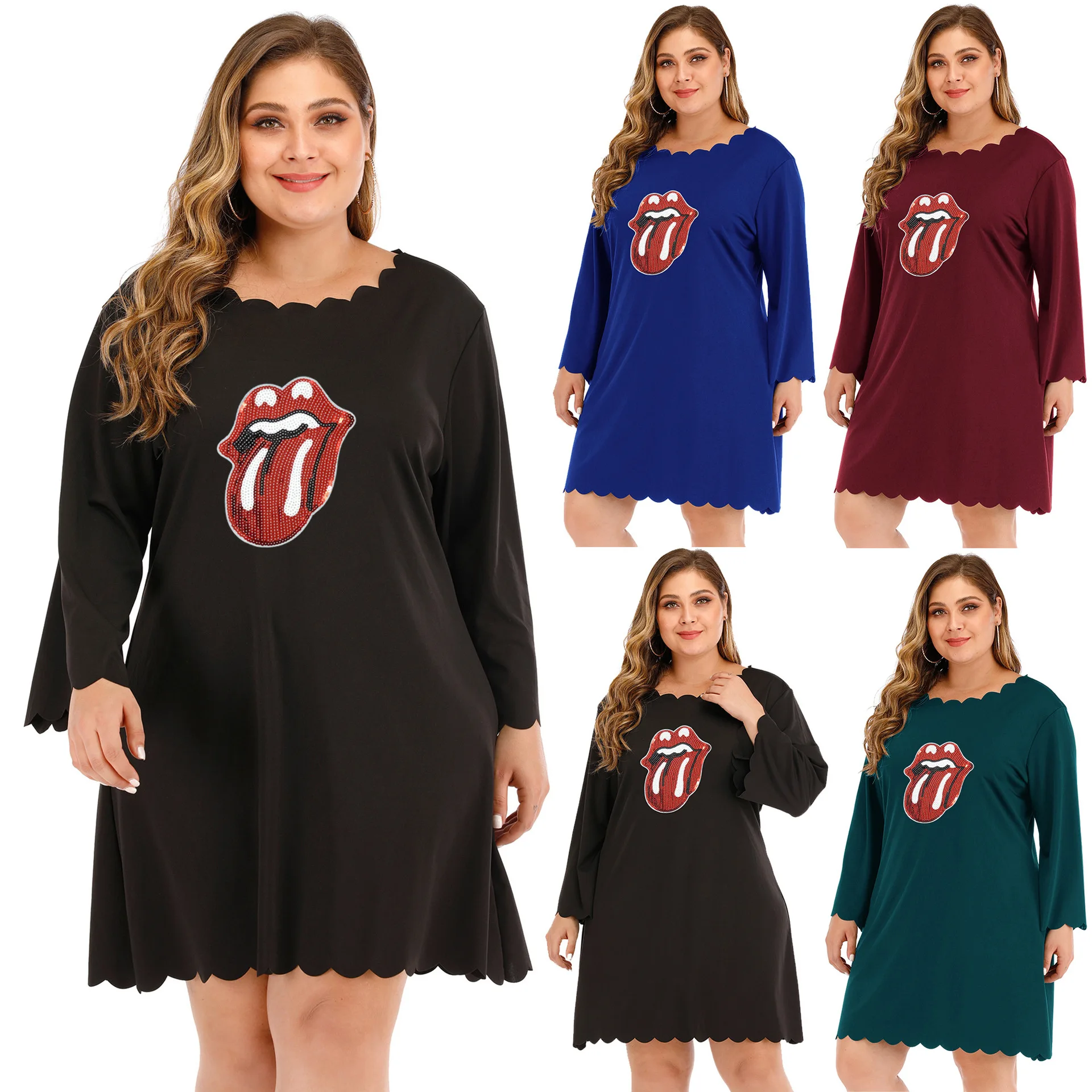 Large Size Dress Scalloped-Edge Sequin Lips Embroidery Pattern Loose-Fit Casual Dress Women's 191137