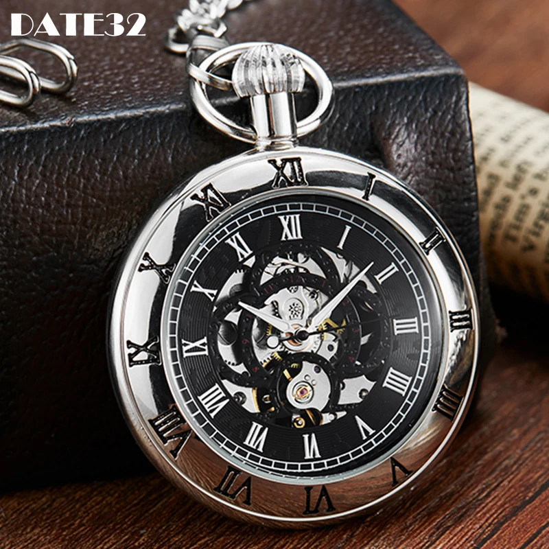 

Roman Numeral Carving Mechanical Pocket Watch Sliver Engrave Skeleton Dial Male Fob Chain Clock for Men Women Dropshipping