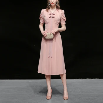 

Seifrmann Summer Fashion Runway Solid Pink Dress Ladies Puff Sleeve Bow Women Vintage Slim Fishtail Midi Dresses Vestoido