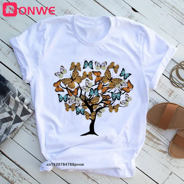 Woman Butterfly Tree Print Harajuku Summer Tshirts Casual Round Neck Short Slee Top Tee Shirt,Drop Ship P8017