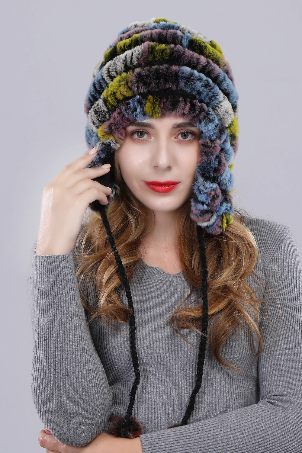 Теплая меховая шапка для холодной зимы, Женский Настоящий мех кролика, женская шапка-бомбер из натурального меха, вязаная брендовая модная шапка с помпонами, новое поступление