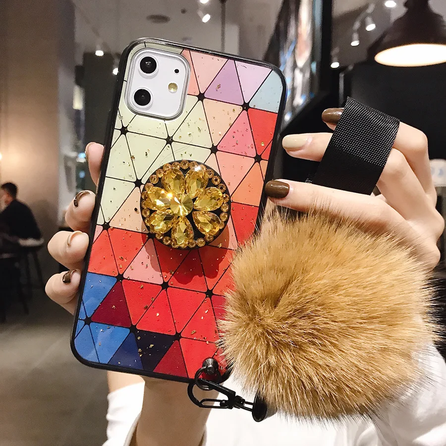 Чехол из ТПУ для samsung Not10Plus S10P для iPhone 11 Pro MAX 6 6splus 8Plus 7 Plus DIY держатель с кристаллами+ меховой шарик+ ремешок чехол для телефона - Цвет: 5