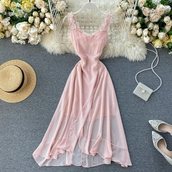 

Beach Style Seaside Holiday Women Dress Dot Chiffon Sleeveless Dresses 2020 Summer Long Maxi Vestidos Verano G1537