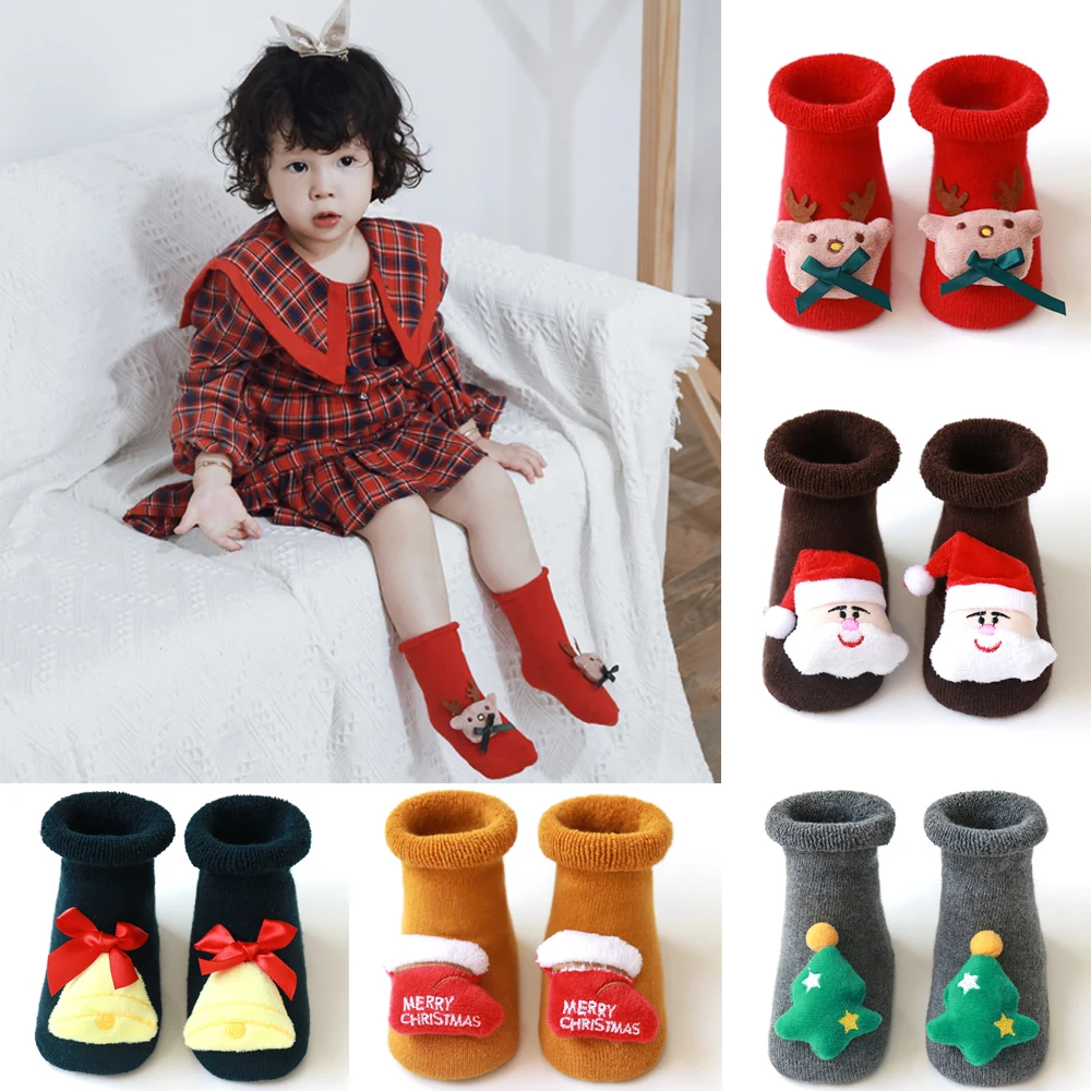Рождественские носки для новорожденных, хлопковые махровые носки-тапочки, силиконовые Нескользящие Детские носки, От 0 до 3 лет