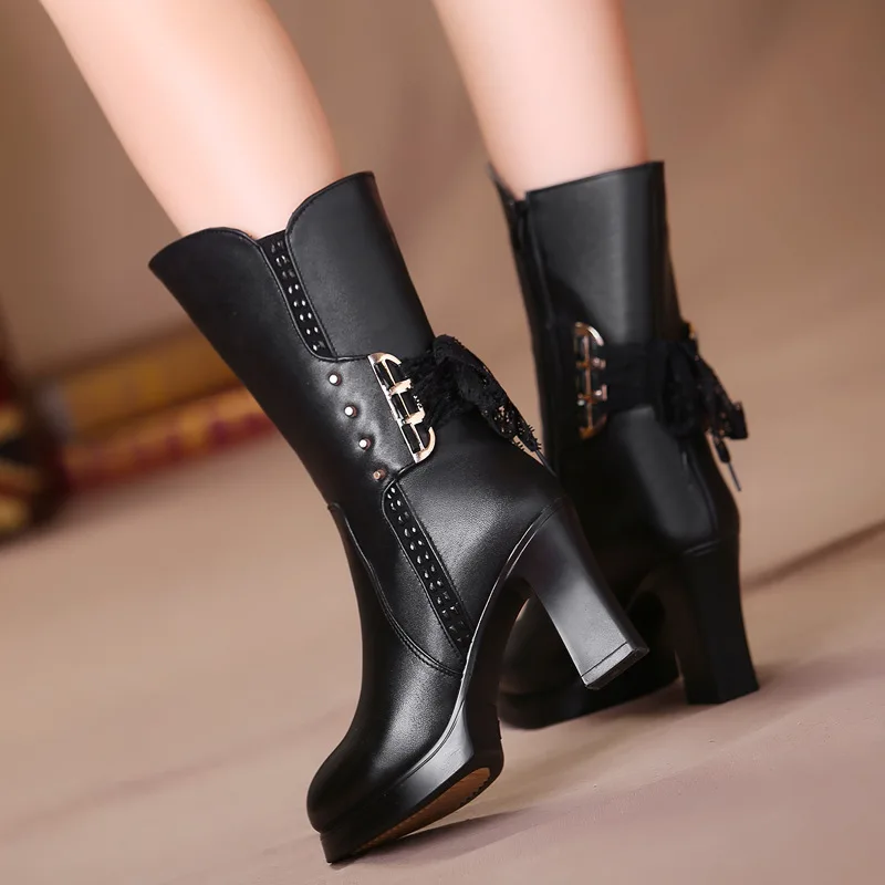 

2019 Autumn And Winter New Style Cotton Boots Fashion Waterproof Platform High-Heel Chunky-Heel Boots Middle Boots Leather Bowkn