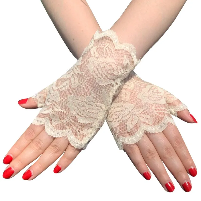 Короткие женские кружевные перчатки Цветочные перчатки без пальцев перчатки солнцезащитные перчатки для свадебной вечеринки guantes fiesta mujer ST254 - Цвет: Beige