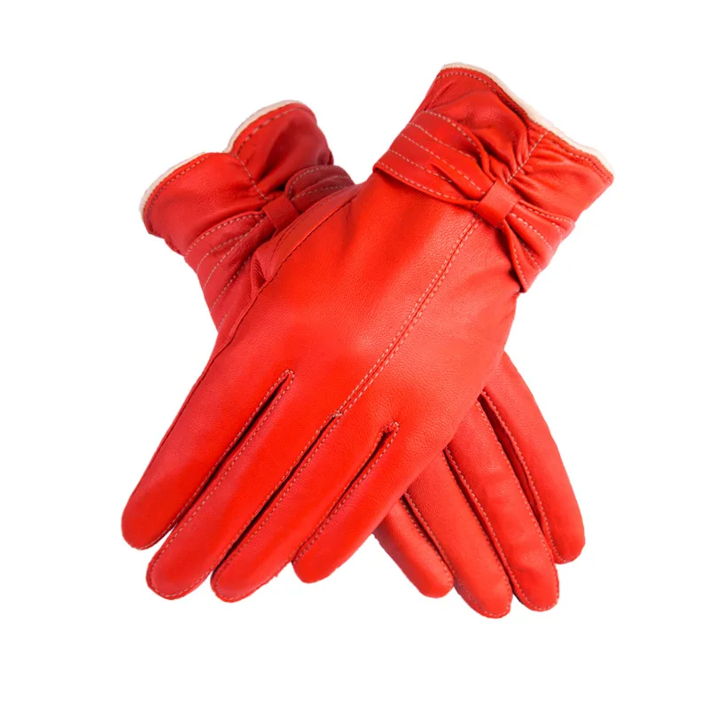 Orange red Перчатки из натуральной овечьей кожи, Женские варежки на полный палец, модные женские ветрозащитные перчатки, бархатные утепленные, сохраняющие тепло - Цвет: Orange red