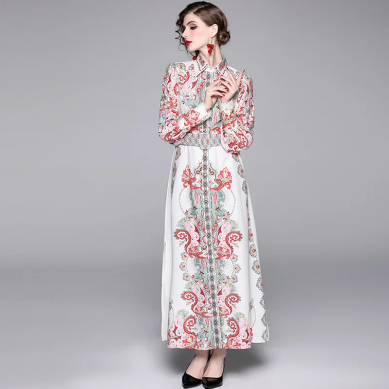 Long dress Винтажное мини-платье с цветочным принтом и длинным рукавом, женское платье с поясом и талией, осенняя одежда для женщин - Цвет: Long dress