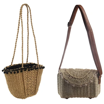

for Women Cute Handmade Straw Bags Summer Grass Handbags Drawstring Basket Bag Travel Tote & Women Lace Straw Bags