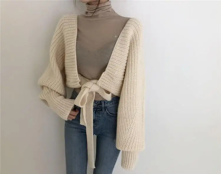 Свободный вязаный женский свитер с v-образным вырезом, кардиган, корейский бандажный свитер с открытой спиной, женский свитер
