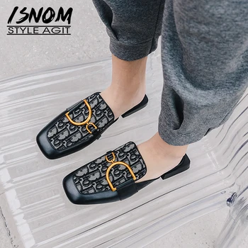 

ISNOM Ladies Slippers Genuine Leather Shoes Woman Chunky Heel Slides Mules Women Shoes Square Toe Slipper Fashion