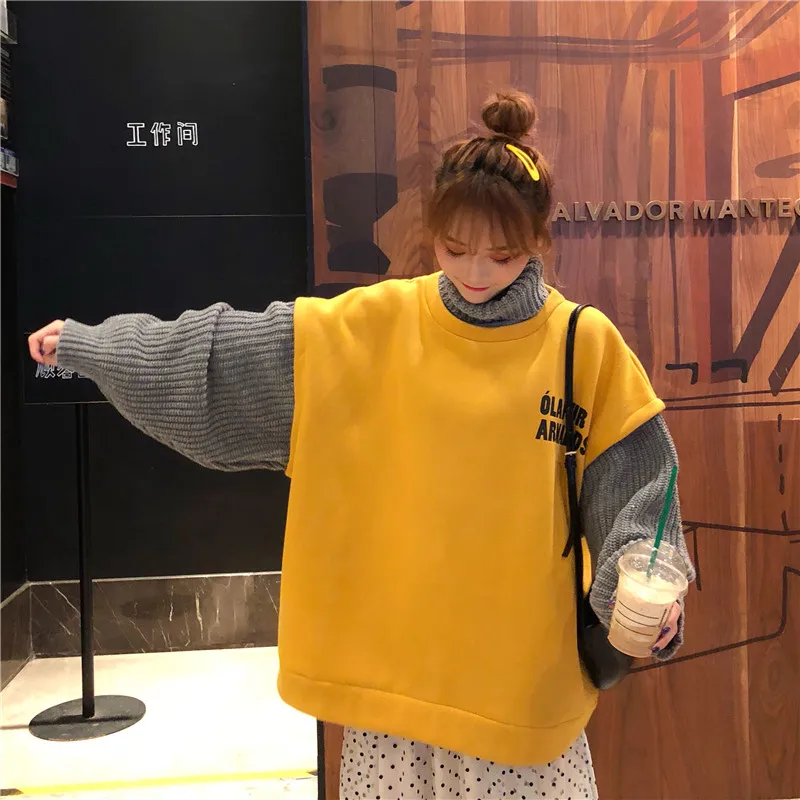 Корейская толстовка с надписью и бархатом BF Ins Harajuku винтажная Женская шикарная имитация двух частей модная Свободная Повседневная Женская толстовка