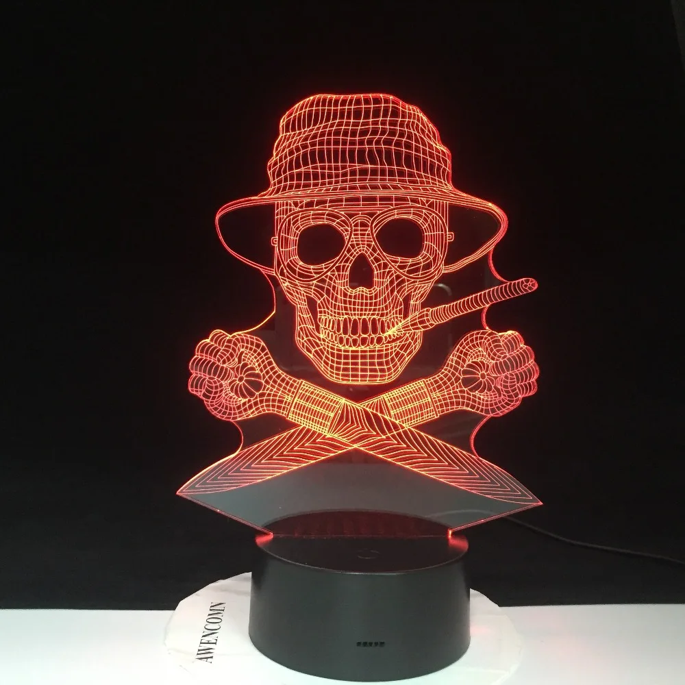 Скелет пирата 3D лампа светодиодный USB креативный Череп 3d ночник 7 цветов изменить акриловый пульт дистанционного сенсорного переключателя настольная лампа 3390