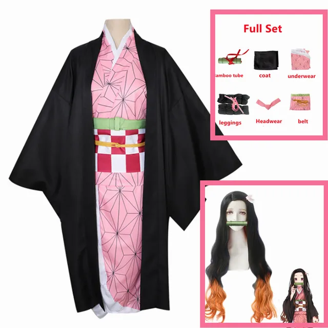 Demon Slayer Kimetsu no Yaiba Kamado Nezuko Anime Adult Kids Kimono Cosplay Costume A4 Costume wig