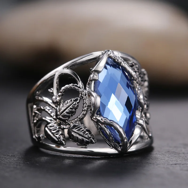 Huitan Fashion Wide Women Ring for Party Daily Wearable Jewelry Noble Rhombus Cut Blue Horse Eye Drill Stone Hollow Leaf  Rings 1