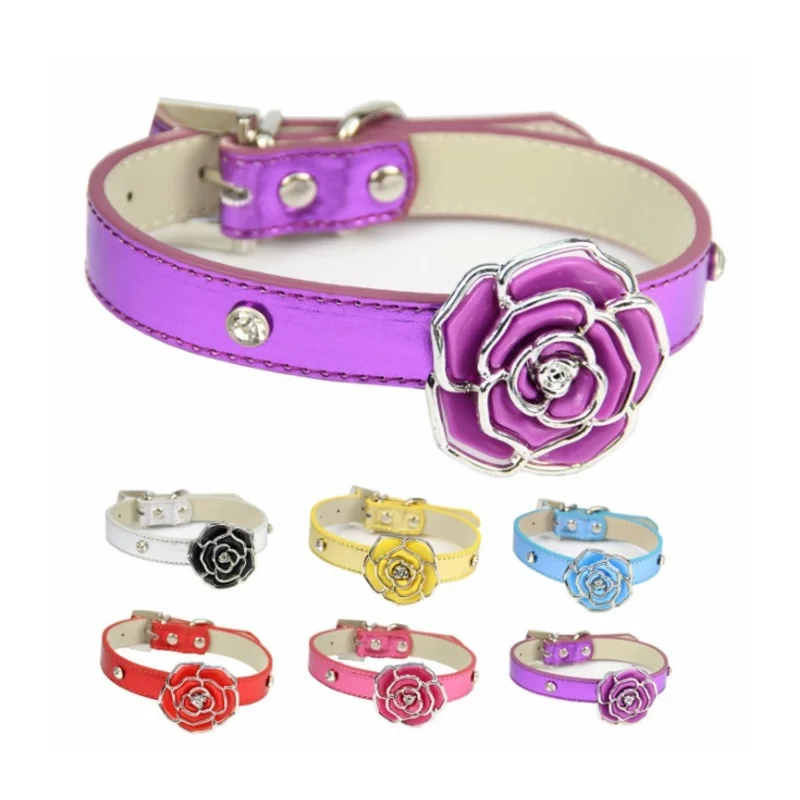 Graceful pet dog cat rose collar adjustable PU belt with rhinestone 6 color pet supplies WB753