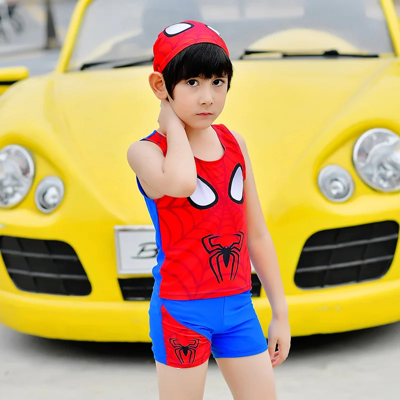 

Spider-Man Swimwear BOY'S Split Type Two Piece Set Boxer Sports bei xin dai Swimming Cap CHILDREN'S Swimwear Kids Hot Springs