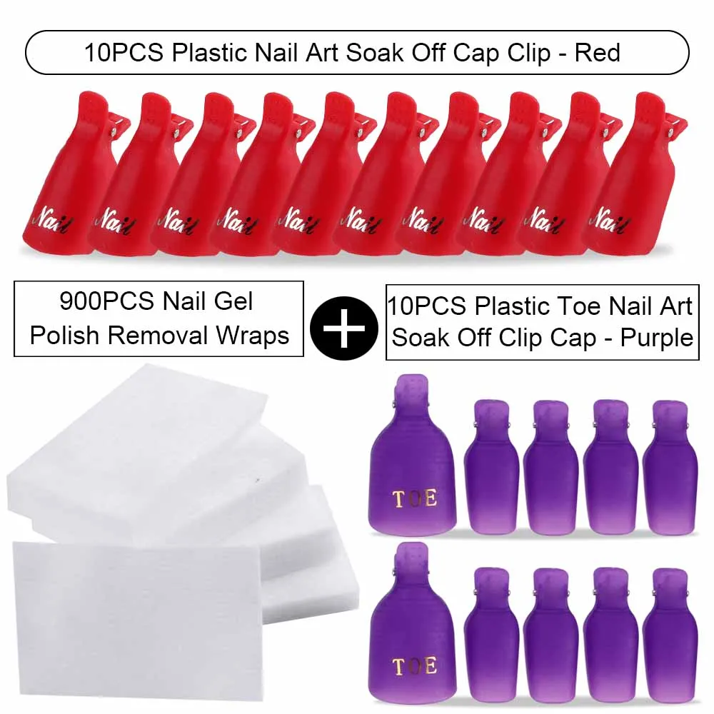 20PCS Plastic Fingers And Toes Nail Art Soak Off Cap Clip And 900PCS Cleanser Nail Gel Polish Removal Wraps Remove Tool Nail Tip - Цвет: Purple Toe Red Hand