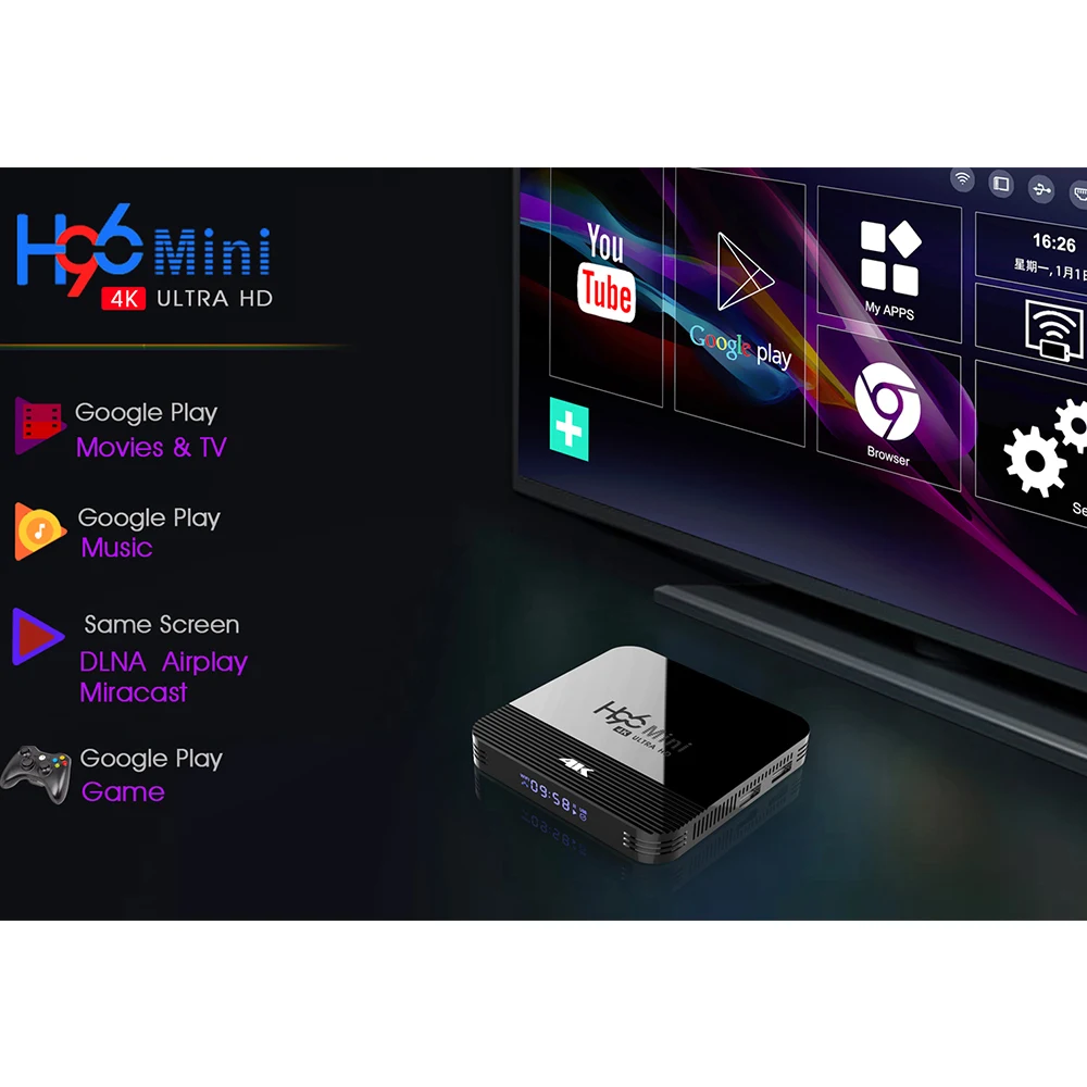 Tv Box Android Quad Core 4K Smart TV Box Android9.0 Rockchip RK3228A Support 2.4G/5G WIFI Bluetooth LED Display H96 MINI H8