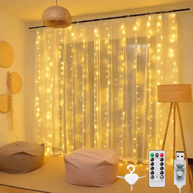 3m 100/200/300 LED Curtain String Light Garland Wedding Party Decorations Table Bachelorette Birthday Ramadan Festoon Background Warm White With Hook
