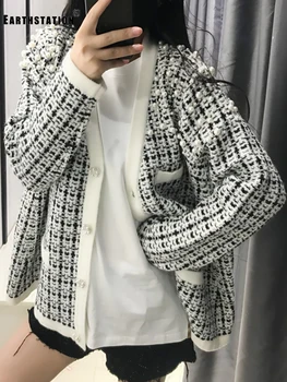 

Free Shipping Heavy Craft Beading Pearls Contrasting Color V-neck Plaid Knitting Sweater Cardigan Ladies Autumn New