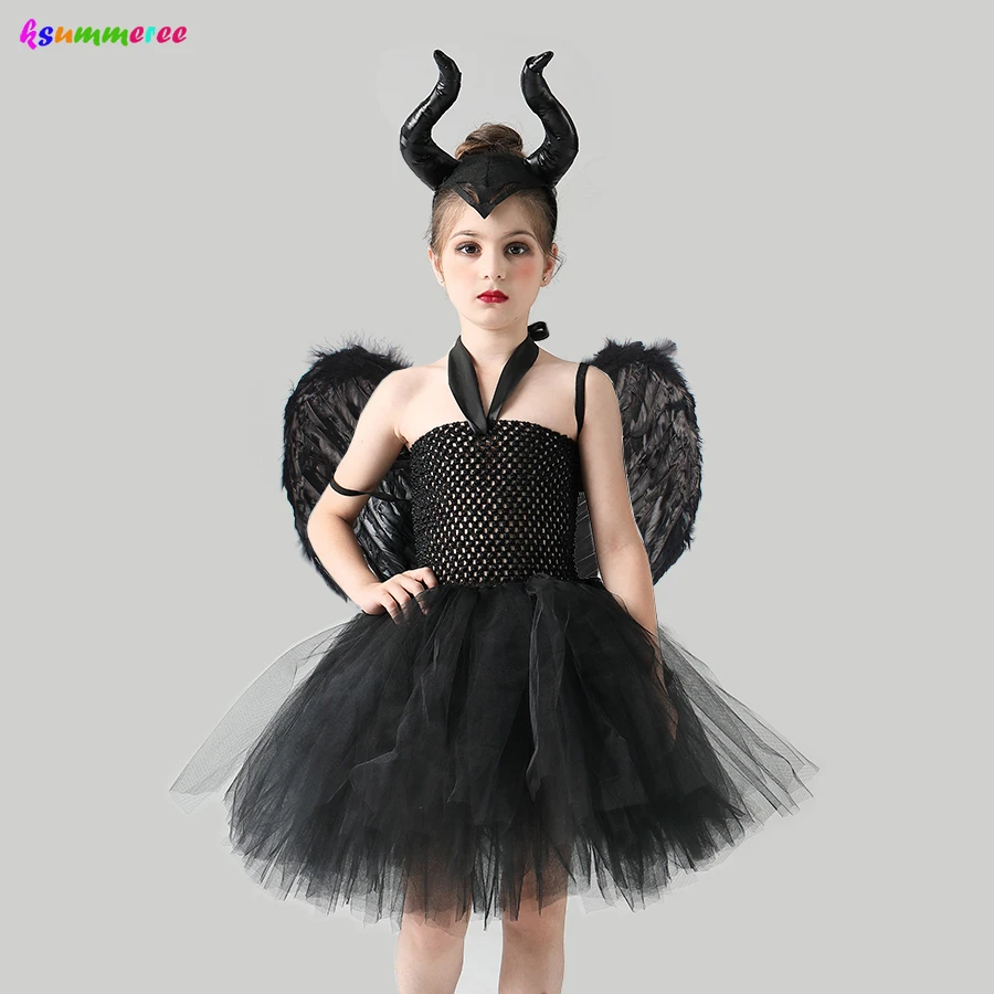 Halloween Black Fairy Dark Devil Costume Girls Evil Angel Tutu Dress