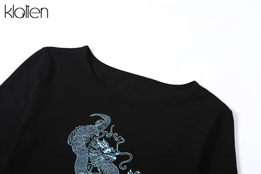 KLALIEN женские футболки с принтом дракона с круглым вырезом и длинным рукавом, тонкие уличные Короткие топы, новые осенние модные футболки Harajuku