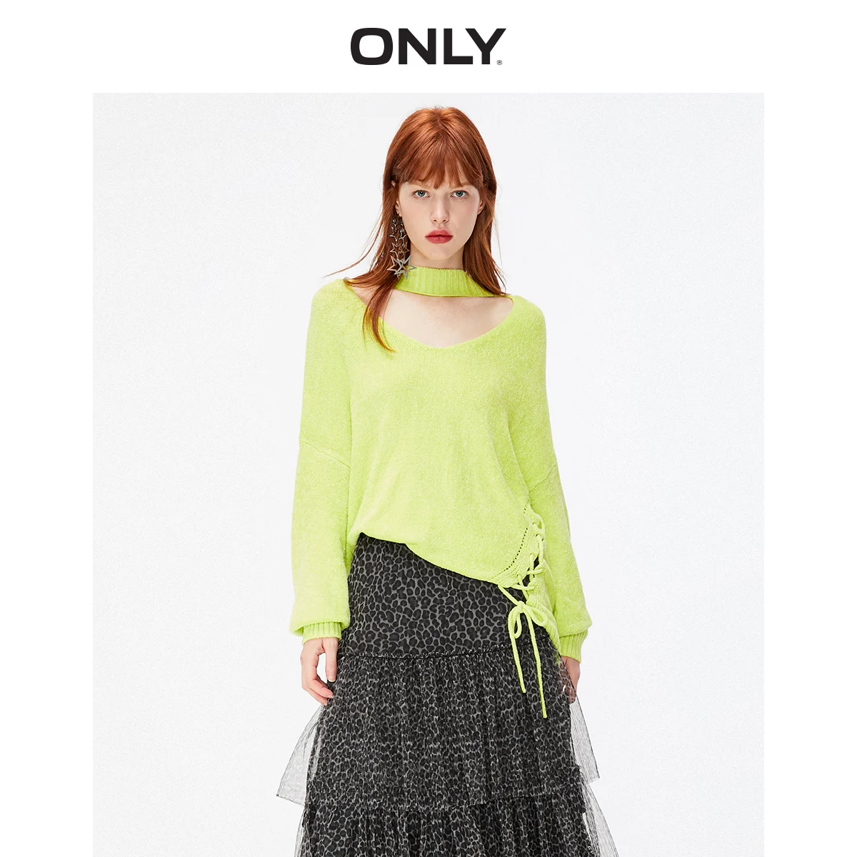 ONLY Autumn Winter Women's Green Loose Fit Lace-up Knit | 119313509