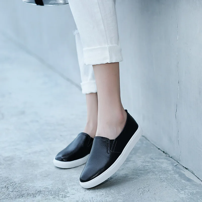 Women's Cow Genuine Leather Vulcanized Shoes Flats Loafers Korean Slip On Leisure women shoes
