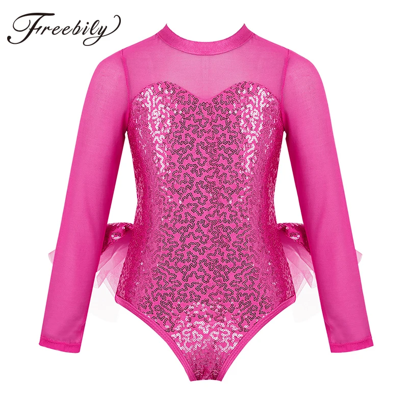 Girls Tulle Long Sleeves Sparkly Sequins Cutout Back Gymnastics
