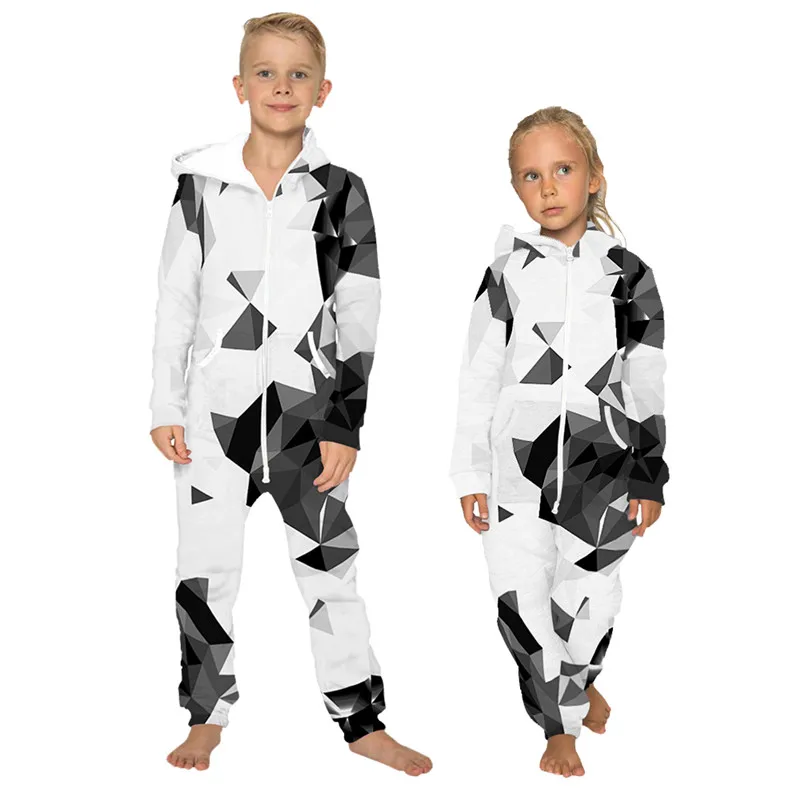 

Geometric Plaid 3D Print Children Jumpsuits Unisex Overalls Hooded For Teenage Girls 2019 Autumn Girls Boys Jumpsuit with Pocket