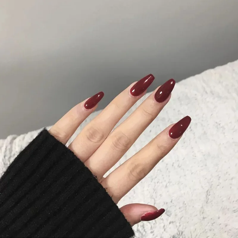 

Nusx Hot 24pcs Wine Red Extra Long False Nails Tips Glue Oval Sharp End Fake Nail Manicure Artificial Nails Salon FA008
