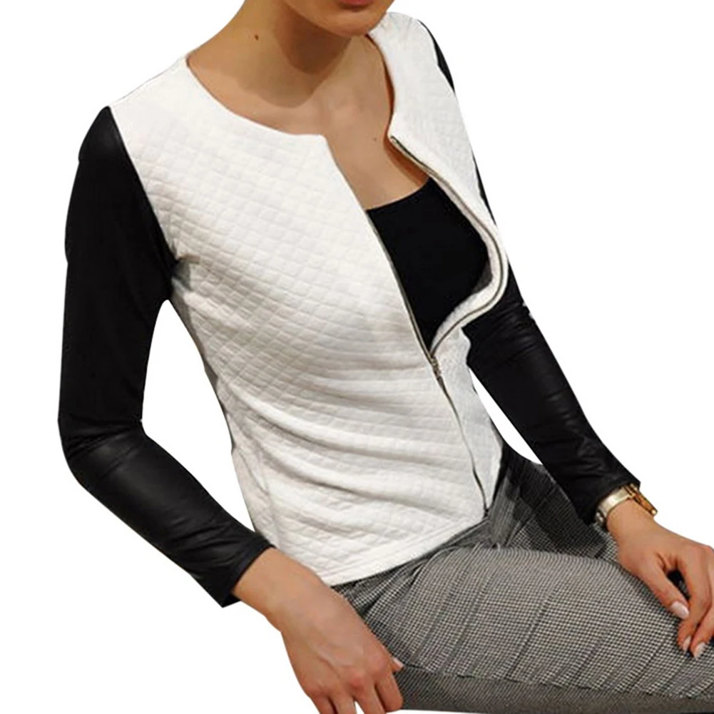 2020 модная женская куртка из искусственной кожи в стиле пэчворк с длинным рукавом