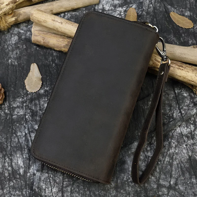 Retro Crazy Horse Leather Purse for Men Clutch Purse Double Zipper 24 Cards Clutches Vintage Woman Genuine Leather Long Wallet 2