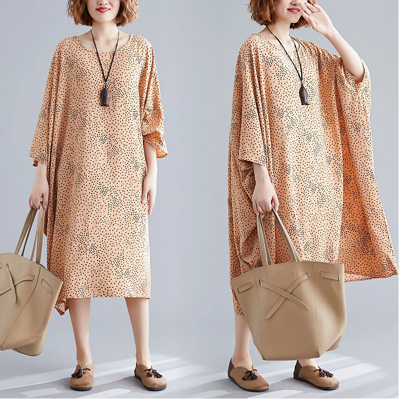 

BIG SIZE Autumn Women Vintage Elegant Solid Color Dots Tops Female Ladies Plus Large Long Cotton Loose Casual Dress