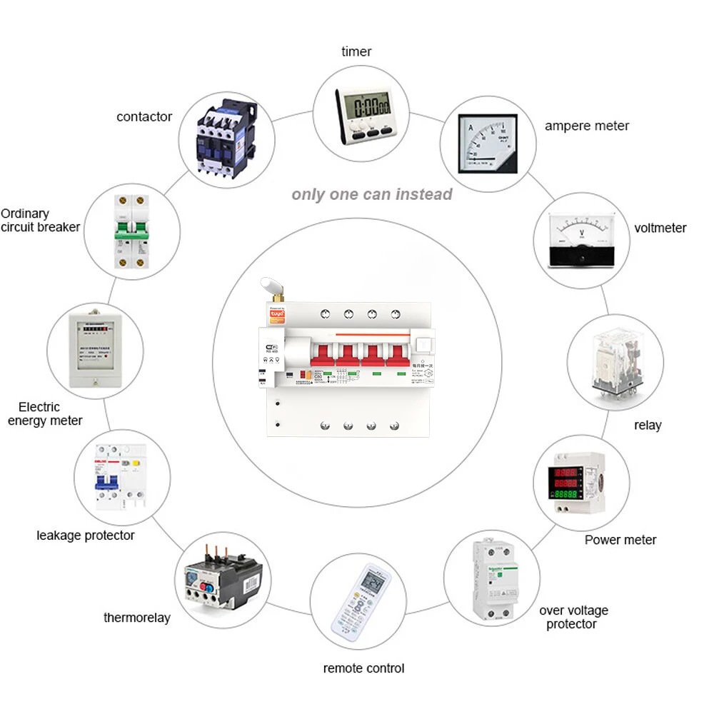 Din Rail Tuya Smart RCBO автоматический выключатель с контролем энергии 4P WiFi MCB защита от