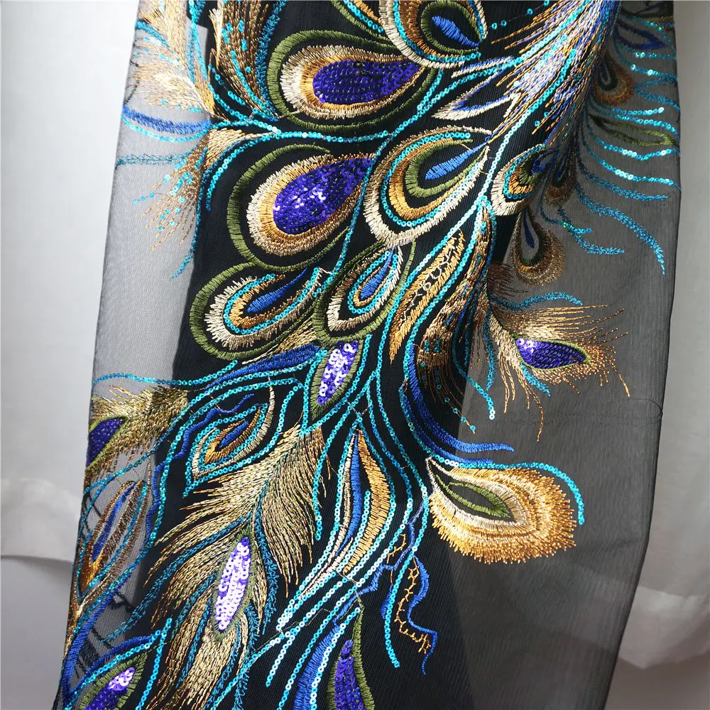 Кружевная ткань 130 см с голубыми блестками, перьями павлина Феникса, черная сетка, вышитое платье, Аппликации, нашивка для свадебного украшения