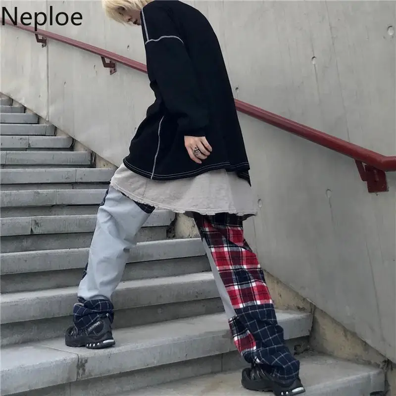 Neploe корейский Ins Ретро Харадзюку Стиль Лоскутные клетчатые брюки свободные повседневные влюбленные унисекс широкие брюки высокая талия уличная одежда
