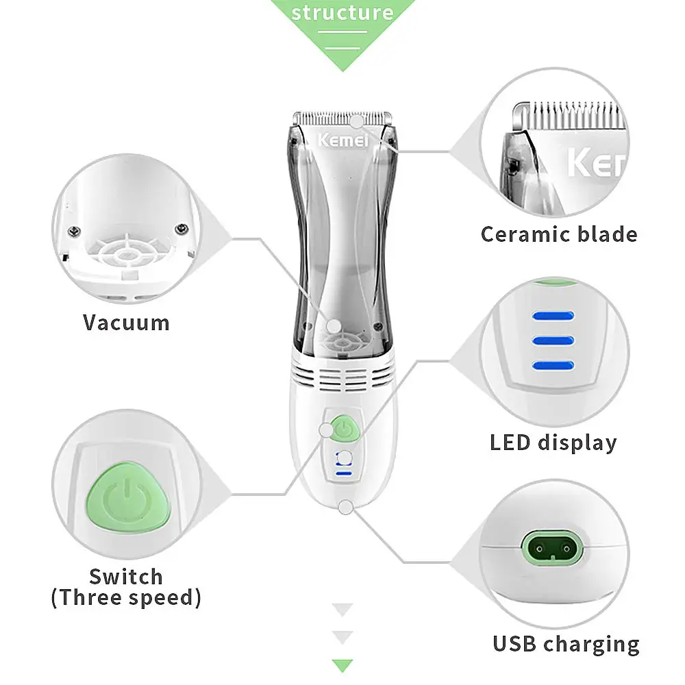 Kemei KM-79 진공 이발 키트 음소거 수면  무선 헤어 트리머 자동 수집 어린이 헤어 클리퍼 저소음 가정용