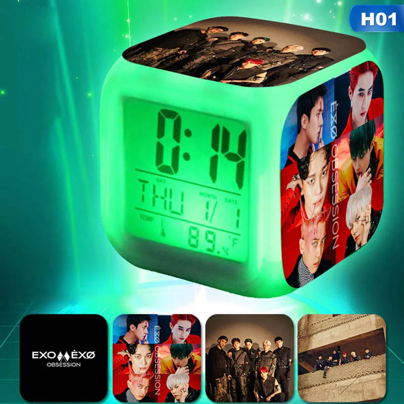 Kpop группы EXO альбом OBSESSION светодиодный 7 цветов Вспышка Изменение ночной Светильник будильники держатель стационарный набор